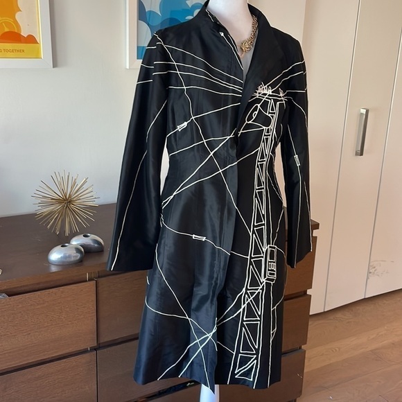 Couture 100% silk hand drawn coat 🧥 black double zipper - Picture 4 of 12